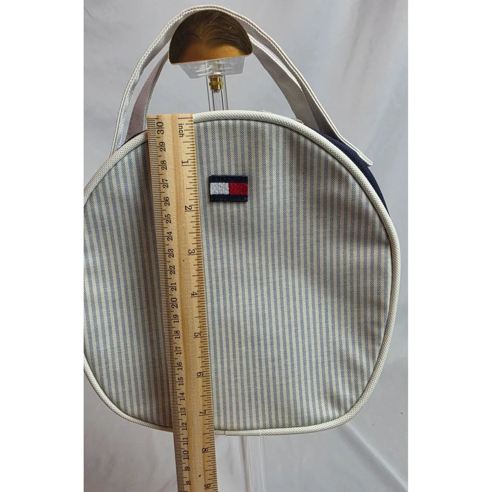 Vintage Tommy Hilfiger Striped Round Cosmetic Bag Blue White Y2K Travel Pouch